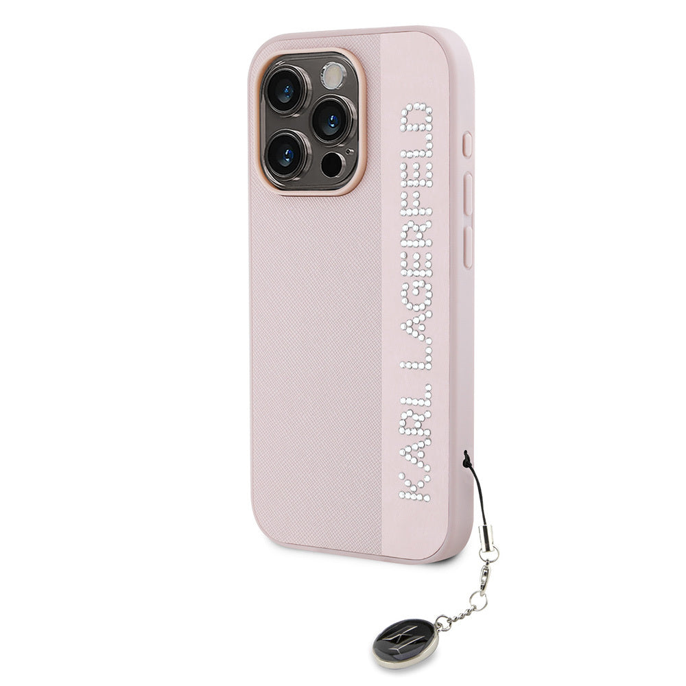 Karl Lagerfeld Orijinal Lisanslı iPhone 16 Pro Max Uyumlu Kılıf – Anahtarlıklı Taşlı KL Yazılı Saffiano Rhinestones Kapak Pembe