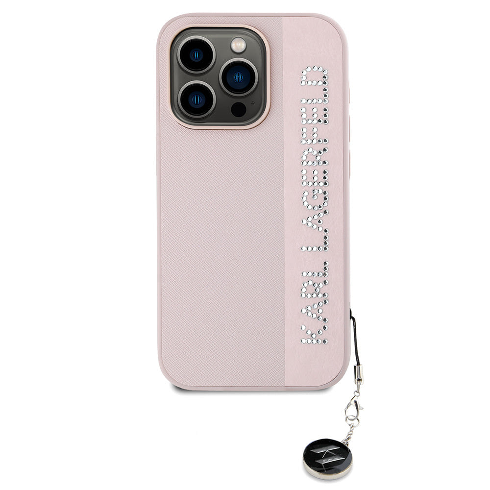 Karl Lagerfeld Orijinal Lisanslı iPhone 16 Pro Max Uyumlu Kılıf – Anahtarlıklı Taşlı KL Yazılı Saffiano Rhinestones Kapak Pembe