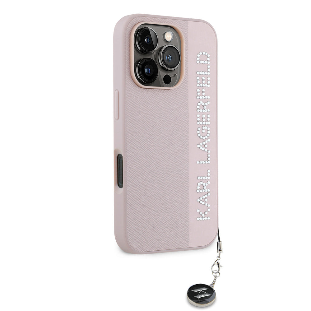 Karl Lagerfeld Orijinal Lisanslı iPhone 16 Pro Max Uyumlu Kılıf – Anahtarlıklı Taşlı KL Yazılı Saffiano Rhinestones Kapak Pembe