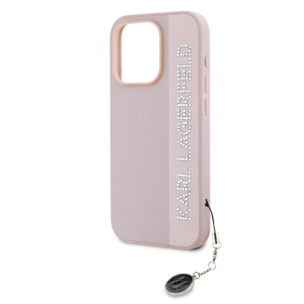 Karl Lagerfeld Orijinal Lisanslı iPhone 16 Pro Max Uyumlu Kılıf – Anahtarlıklı Taşlı KL Yazılı Saffiano Rhinestones Kapak Pembe