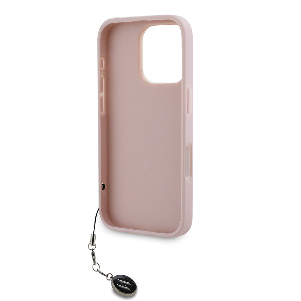 Karl Lagerfeld Orijinal Lisanslı iPhone 16 Pro Max Uyumlu Kılıf – Anahtarlıklı Taşlı KL Yazılı Saffiano Rhinestones Kapak Pembe