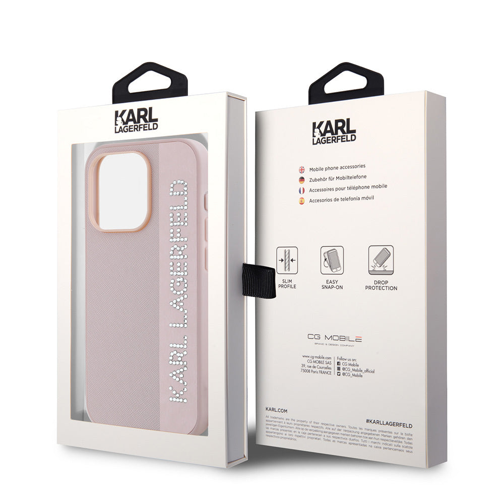Karl Lagerfeld Orijinal Lisanslı iPhone 16 Pro Max Uyumlu Kılıf – Anahtarlıklı Taşlı KL Yazılı Saffiano Rhinestones Kapak Pembe