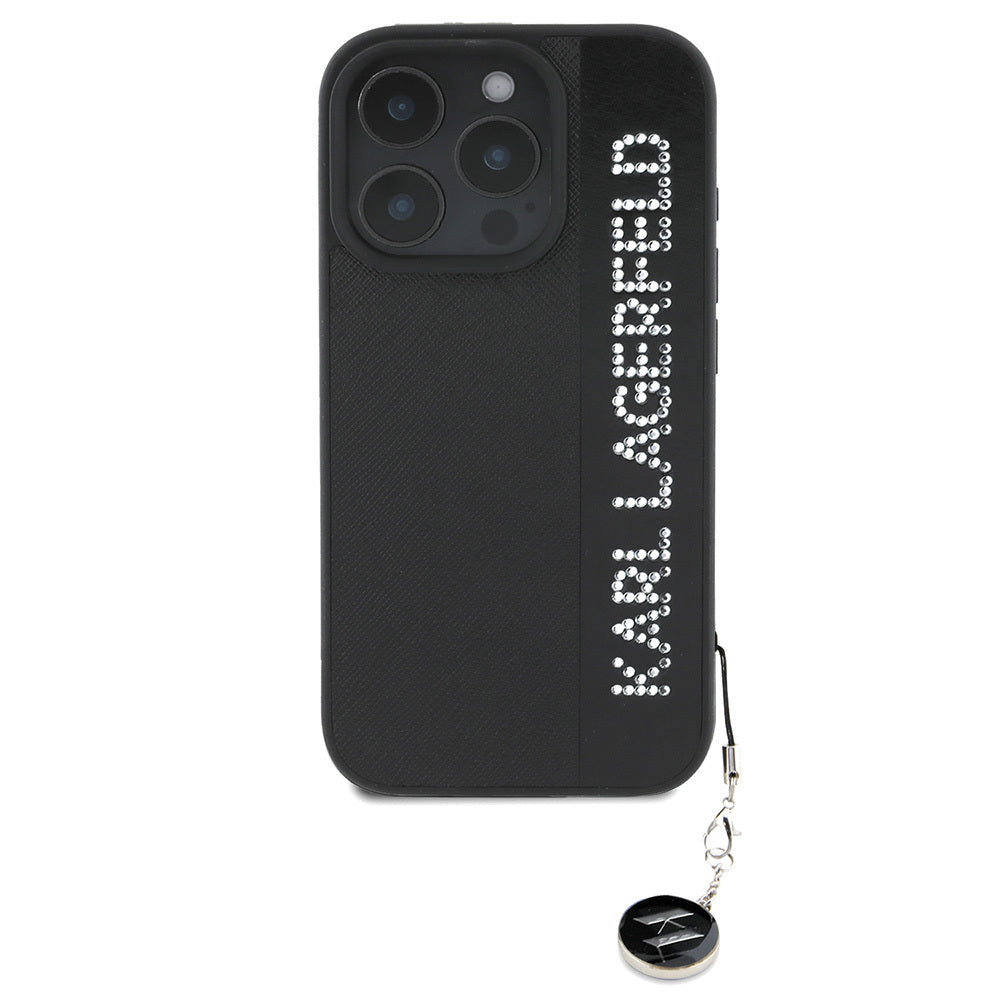Karl Lagerfeld Orijinal Lisanslı iPhone 16 Pro Max Uyumlu Kılıf – Anahtarlıklı Taşlı KL Yazılı Saffiano Rhinestones Kapak Siyah
