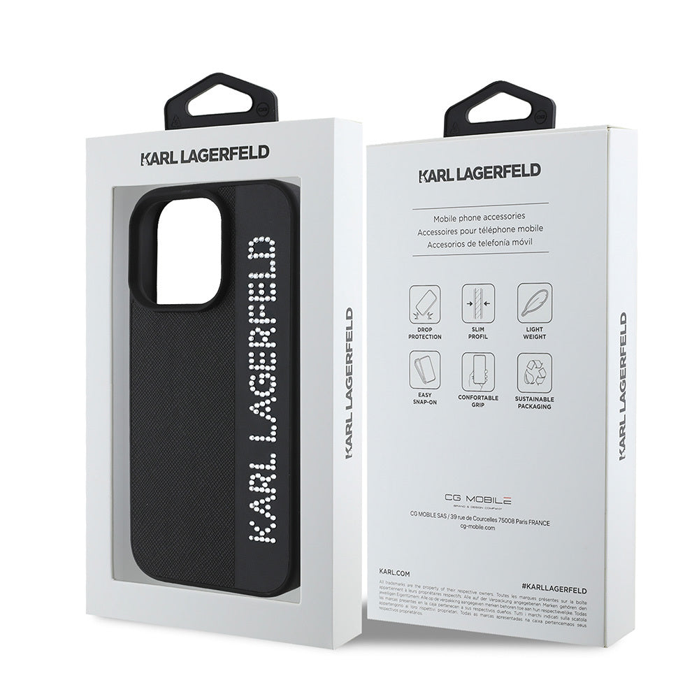 Karl Lagerfeld Orijinal Lisanslı iPhone 16 Pro Max Uyumlu Kılıf – Anahtarlıklı Taşlı KL Yazılı Saffiano Rhinestones Kapak Siyah
