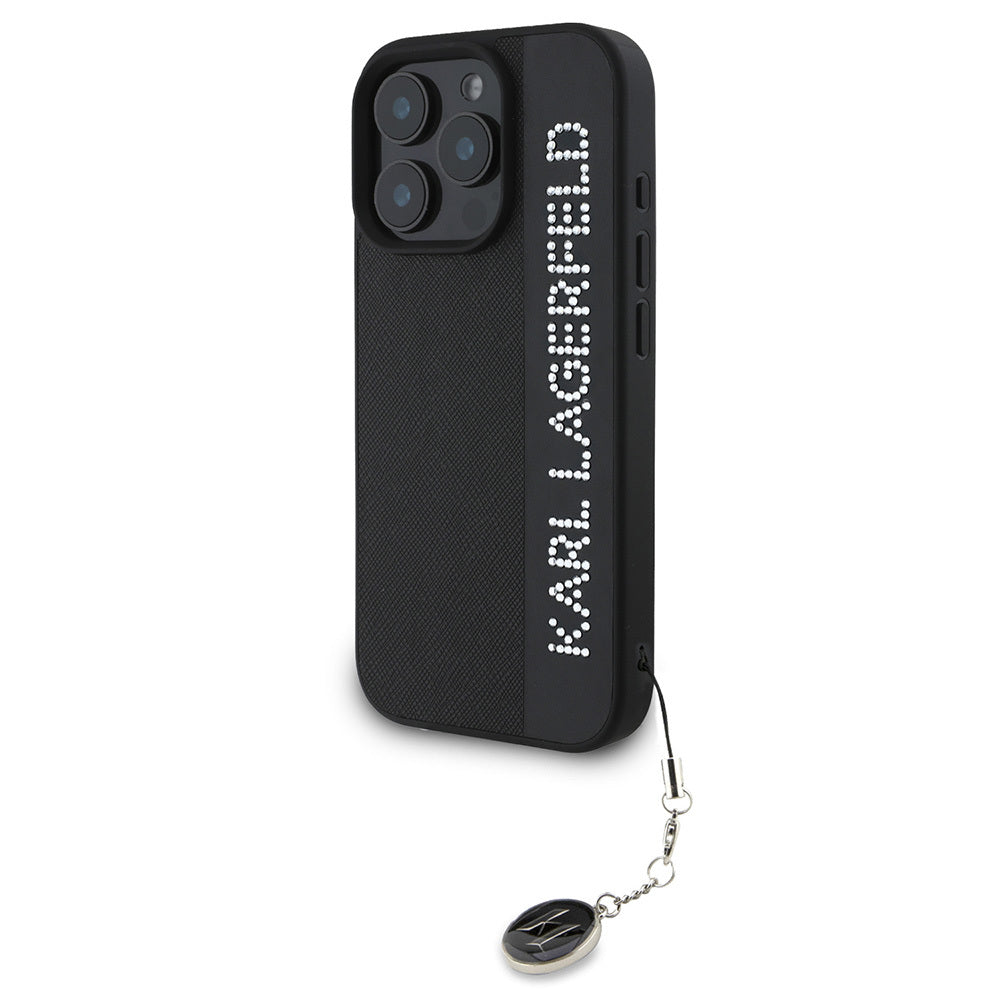 Karl Lagerfeld Orijinal Lisanslı iPhone 16 Pro Max Uyumlu Kılıf – Anahtarlıklı Taşlı KL Yazılı Saffiano Rhinestones Kapak Siyah