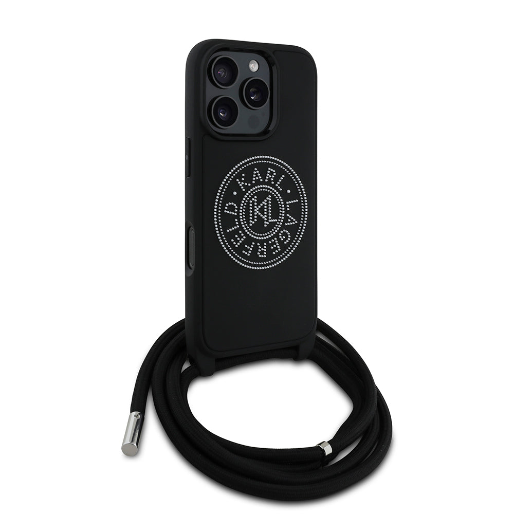 Karl Lagerfeld Orijinal Lisanslı iPhone 16 Pro Max Uyumlu Kılıf – Askı İpli Taşlı KL Yazılı Crossbody Cord Kapak