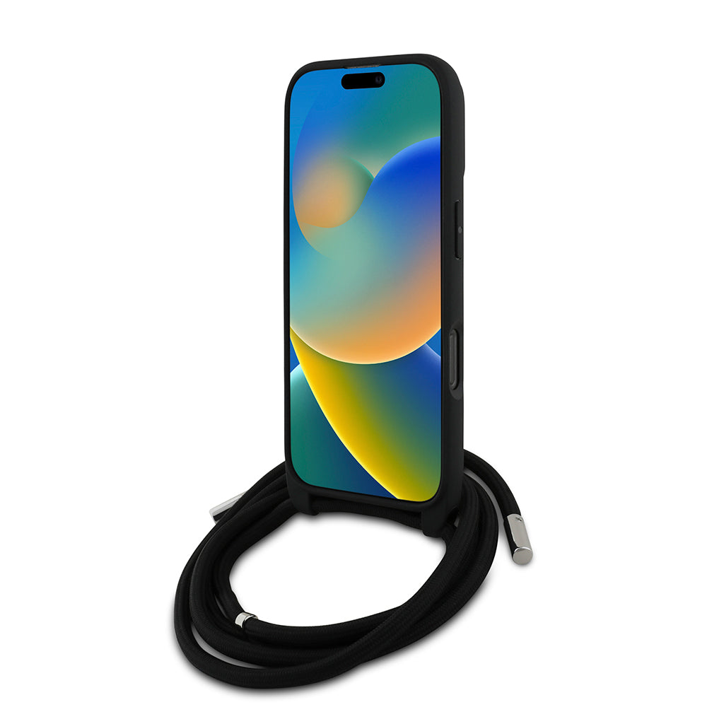 Karl Lagerfeld Orijinal Lisanslı iPhone 16 Pro Max Uyumlu Kılıf – Askı İpli Taşlı KL Yazılı Crossbody Cord Kapak