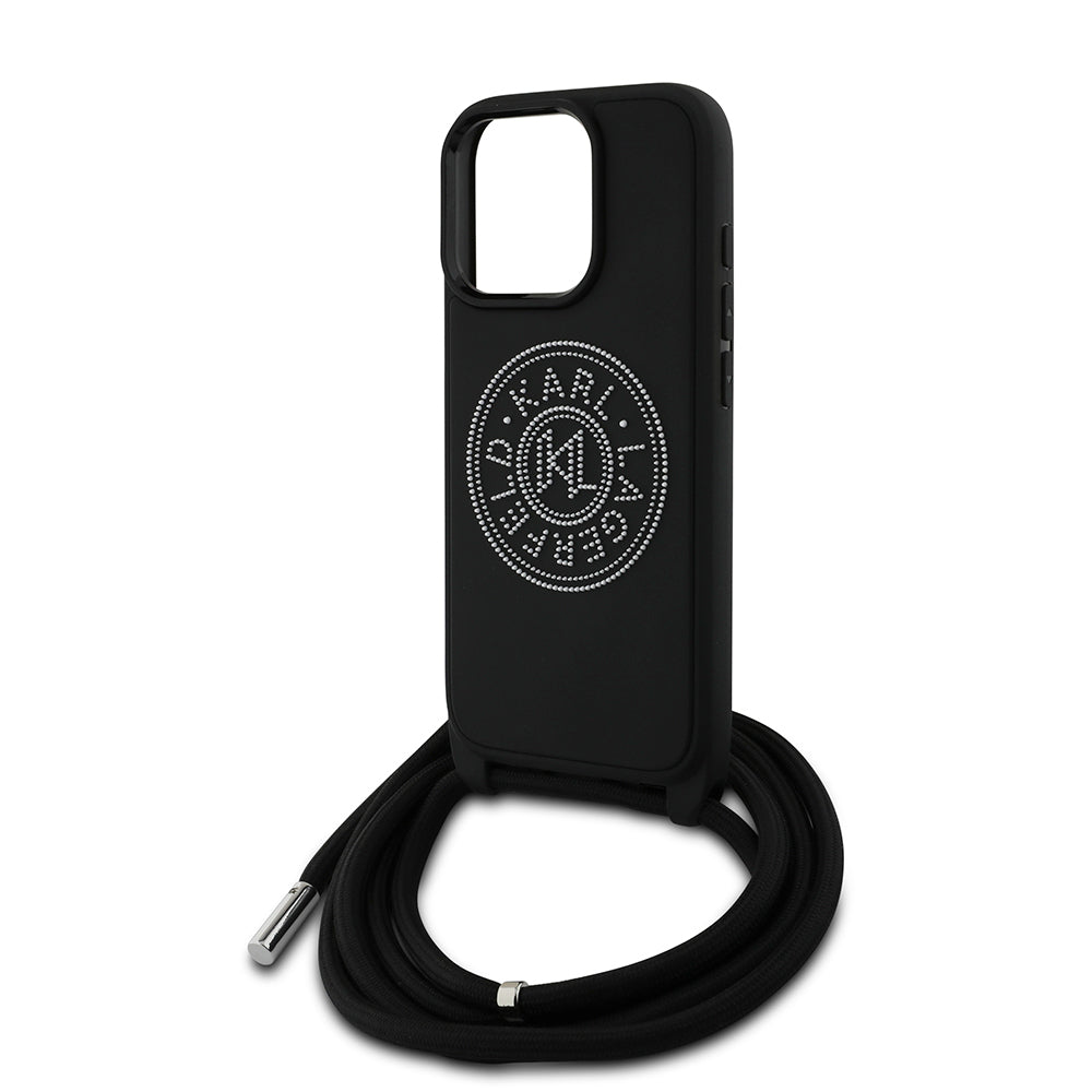 Karl Lagerfeld Orijinal Lisanslı iPhone 16 Pro Max Uyumlu Kılıf – Askı İpli Taşlı KL Yazılı Crossbody Cord Kapak