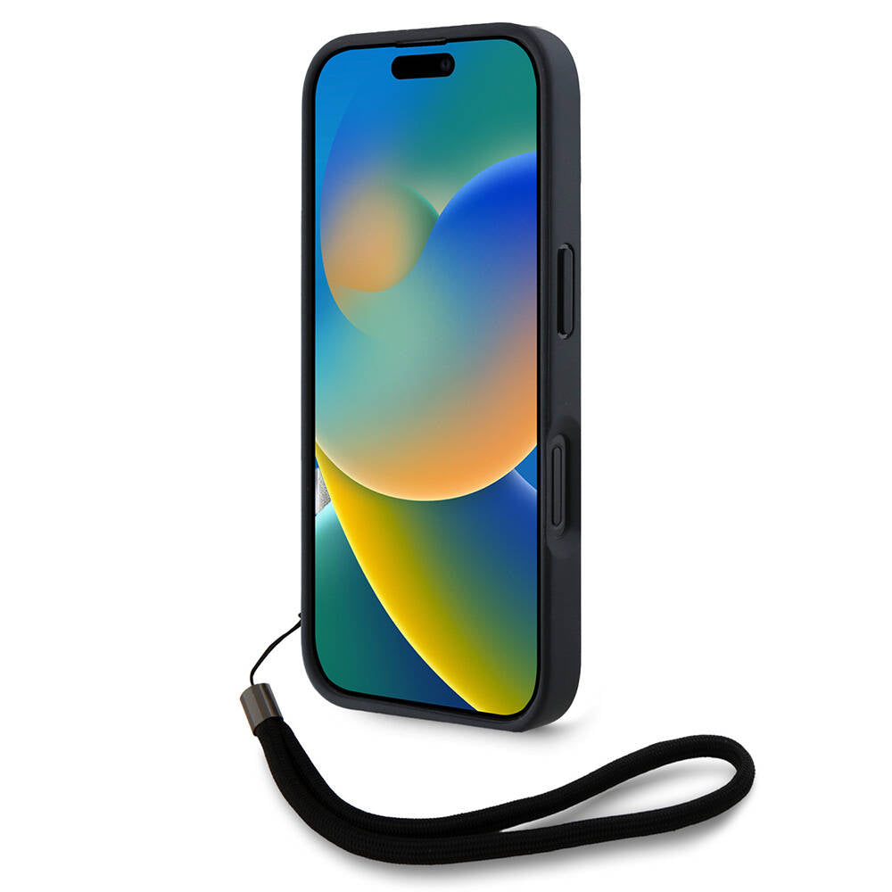 Karl Lagerfeld Orijinal Lisanslı iPhone 16 Pro Max Uyumlu Kılıf – Askılı Saffiano Athleisure Şerit Çizgili Kapak