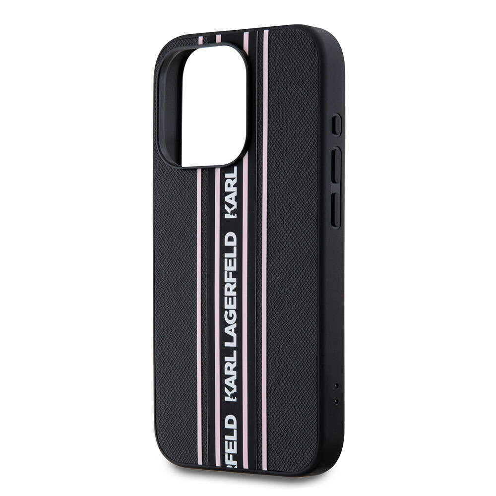 Karl Lagerfeld Orijinal Lisanslı iPhone 16 Pro Max Uyumlu Kılıf – Askılı Saffiano Athleisure Şerit Çizgili Kapak