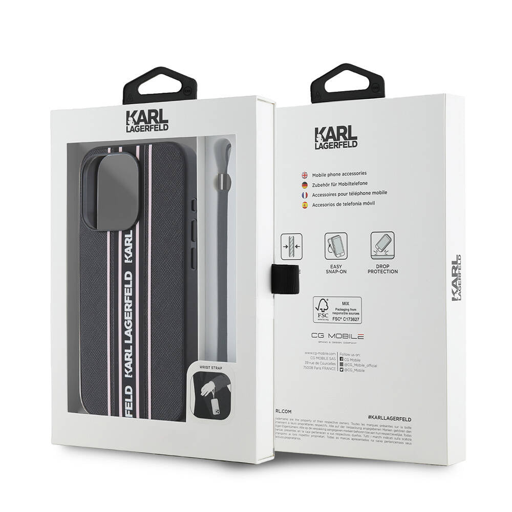 Karl Lagerfeld Orijinal Lisanslı iPhone 16 Pro Max Uyumlu Kılıf – Askılı Saffiano Athleisure Şerit Çizgili Kapak