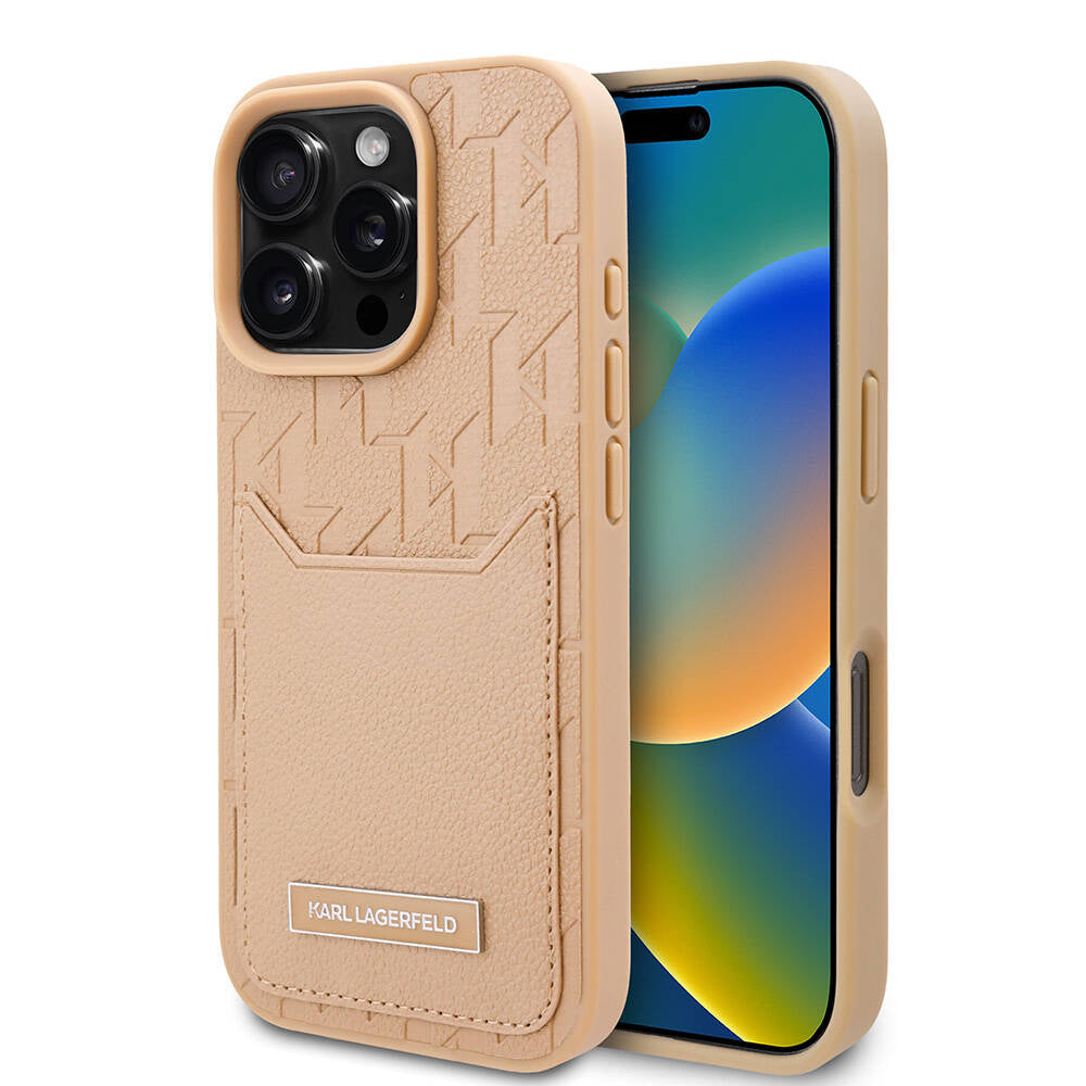 Karl Lagerfeld Orijinal Lisanslı iPhone 16 Pro Max Uyumlu Kılıf – KL Desenli Kartlıklı Monogram Kapak