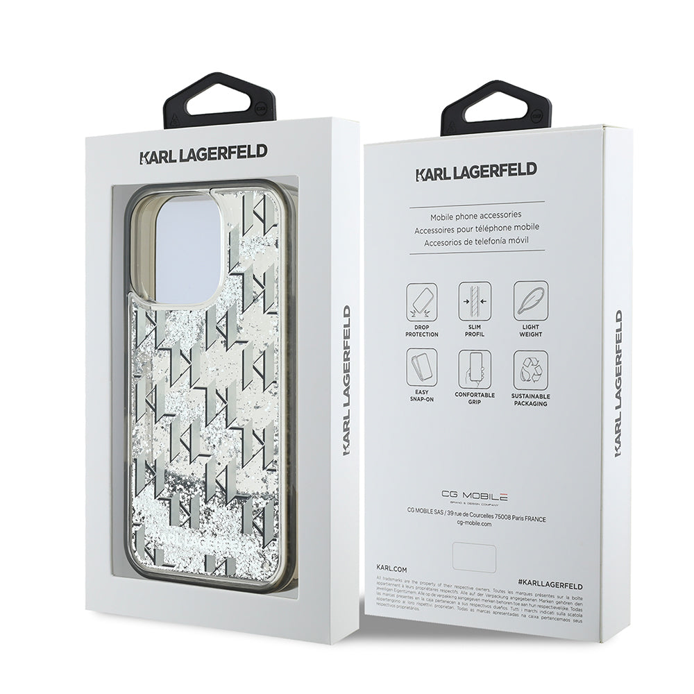 Karl Lagerfeld Orijinal Lisanslı iPhone 16 Pro Max Uyumlu Kılıf – Simli KL Yazılı Monogram Gradient Kapak