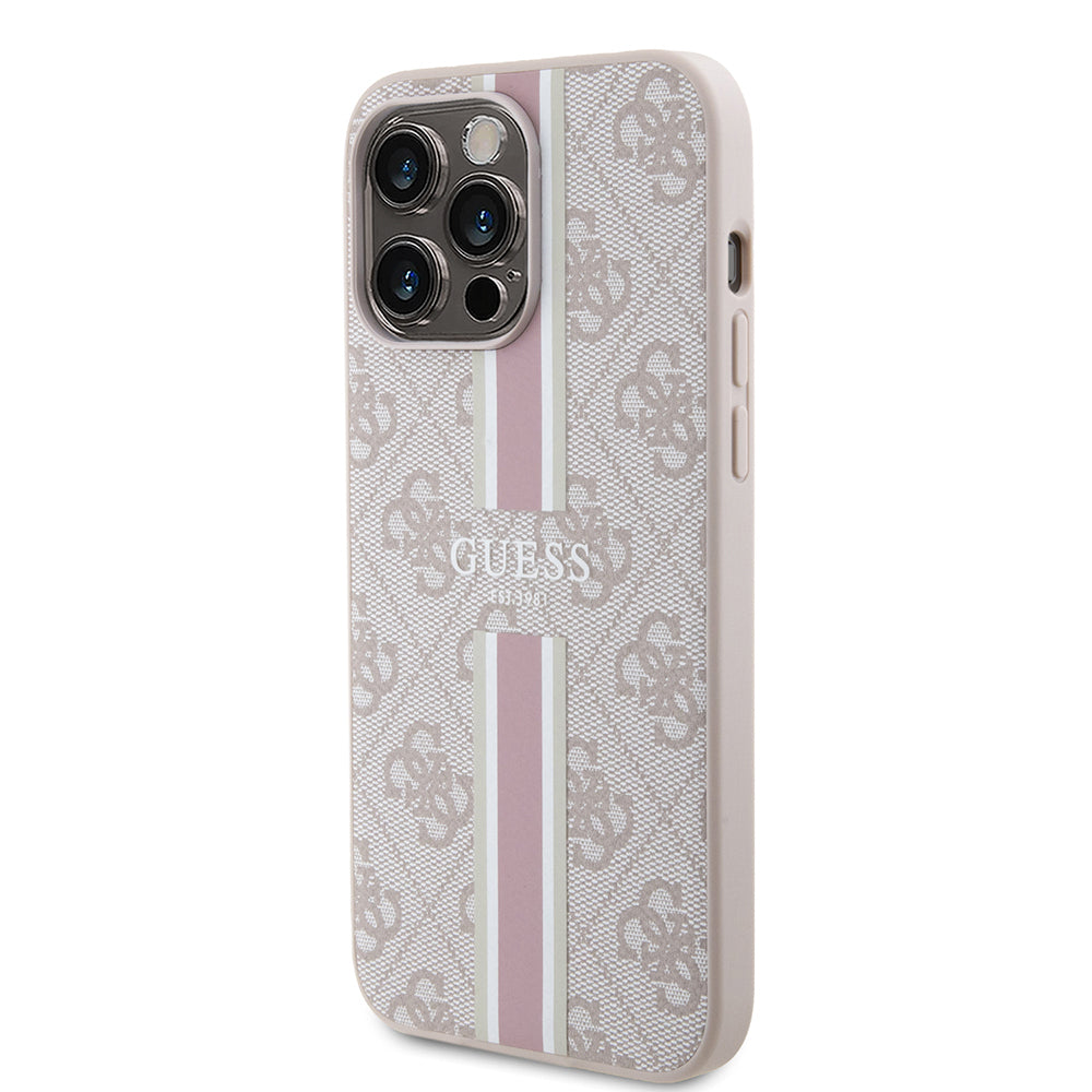 Guess Orijinal Lisanslı iPhone 15 Pro Max MagSafe Uyumlu Kılıf – 4G Şerit Tasarımlı Printed Kapak, Şarj Özellikli