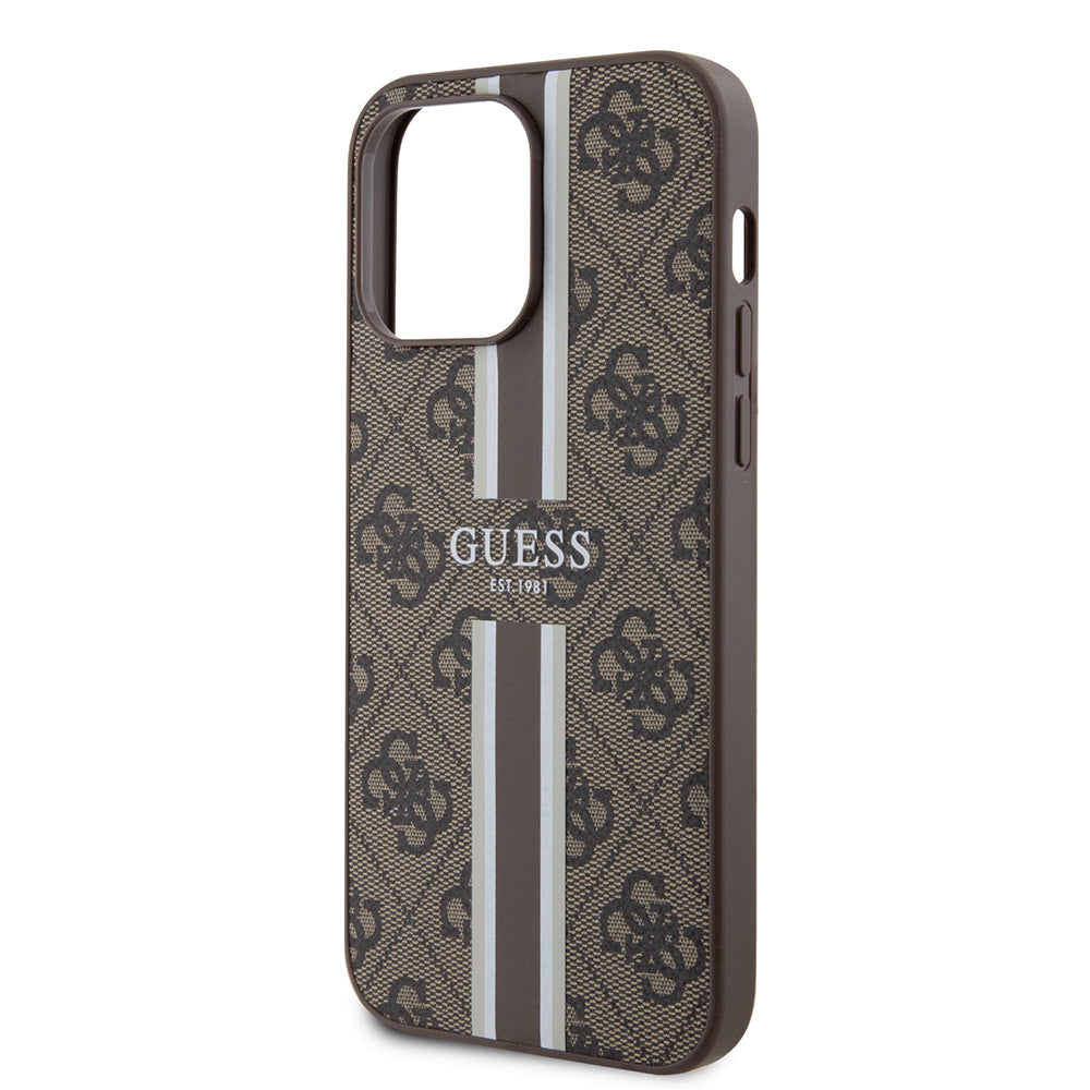 Guess Orijinal Lisanslı iPhone 15 Pro Max MagSafe Uyumlu Kılıf – 4G Şerit Tasarımlı Printed Kapak, Şarj Özellikli
