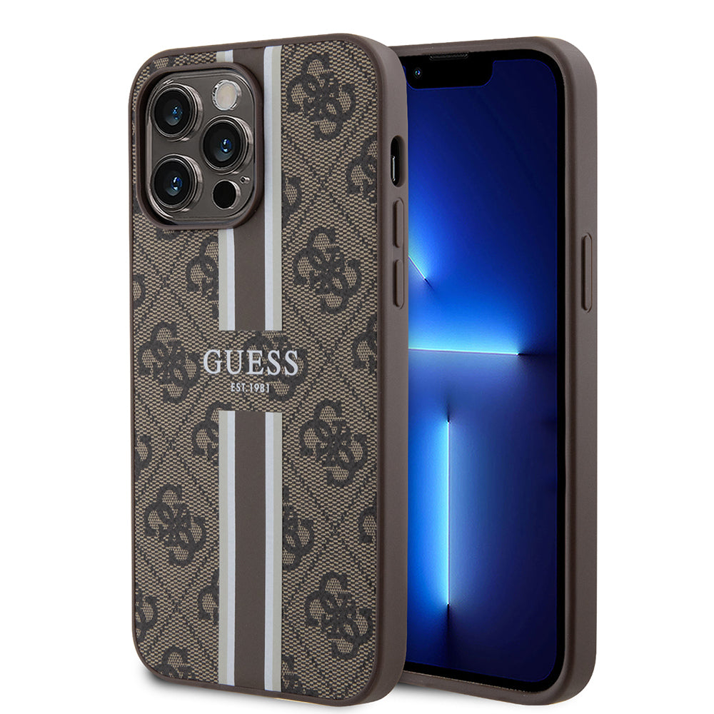 Guess Orijinal Lisanslı iPhone 15 Pro Max MagSafe Uyumlu Kılıf – 4G Şerit Tasarımlı Printed Kapak, Şarj Özellikli
