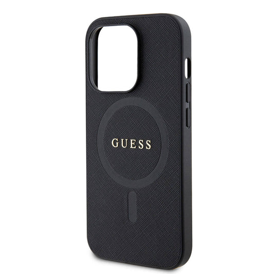Guess Orijinal Lisanslı iPhone 15 Pro Max MagSafe Uyumlu Kılıf – Yazı Logolu, M-safe Şarj Özellikli Saffiano Kapak