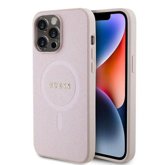 Guess Orijinal Lisanslı iPhone 15 Pro Max MagSafe Uyumlu Kılıf – Yazı Logolu, M-safe Şarj Özellikli Saffiano Kapak