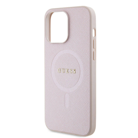 Guess Orijinal Lisanslı iPhone 15 Pro Max MagSafe Uyumlu Kılıf – Yazı Logolu, M-safe Şarj Özellikli Saffiano Kapak