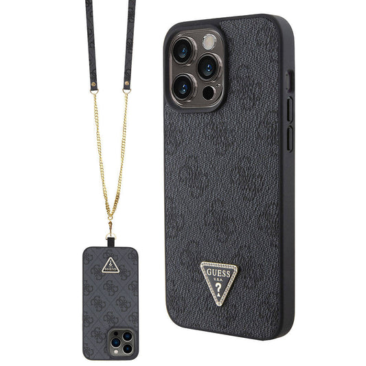 Guess Orijinal Lisanslı iPhone 15 Pro Max MagSafe Uyumlu Kılıf – PU Deri Askılı, Taşlı Üçgen Logolu 4G Desenli Strass Crossbody Kapak