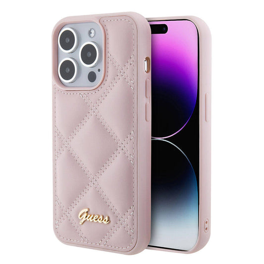 Guess Orijinal Lisanslı iPhone 15 Pro Max MagSafe Uyumlu Kılıf – PU Deri, Metal Yazı Logolu Kapitone Kapak