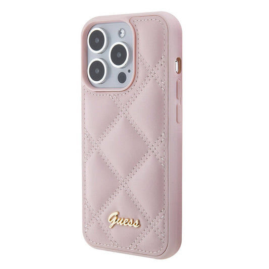 Guess Orijinal Lisanslı iPhone 15 Pro Max MagSafe Uyumlu Kılıf – PU Deri, Metal Yazı Logolu Kapitone Kapak