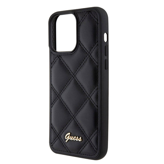 Guess Orijinal Lisanslı iPhone 15 Pro Max MagSafe Uyumlu Kılıf – PU Deri, Metal Yazı Logolu Kapitone Kapak