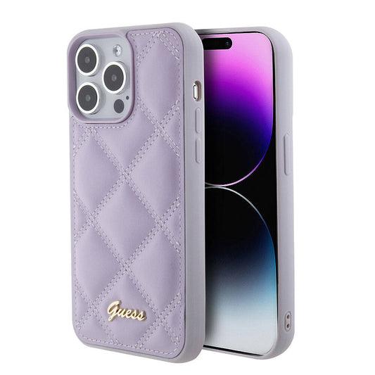 Guess Orijinal Lisanslı iPhone 15 Pro Max MagSafe Uyumlu Kılıf – PU Deri, Metal Yazı Logolu Kapitone Kapak
