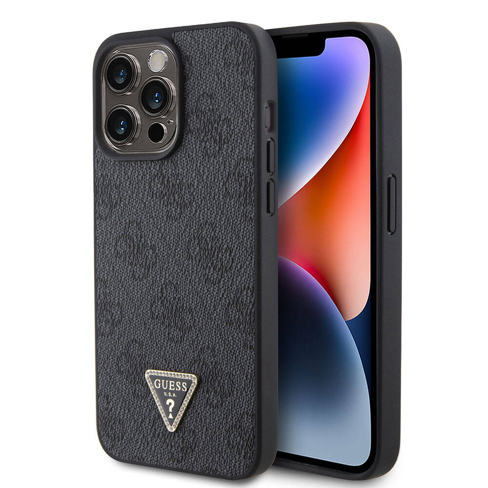 Guess Orijinal Lisanslı iPhone 15 Pro Max MagSafe Uyumlu Kılıf – PU Deri, Taşlı Üçgen Logolu 4G Desenli Strass Kapak