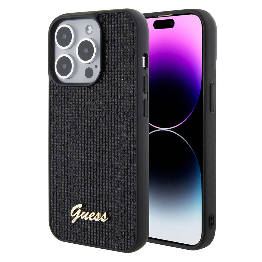Guess Orijinal Lisanslı iPhone 15 Pro Max MagSafe Uyumlu Kılıf – Yazı Logolu, Disco Script Metal Kapak