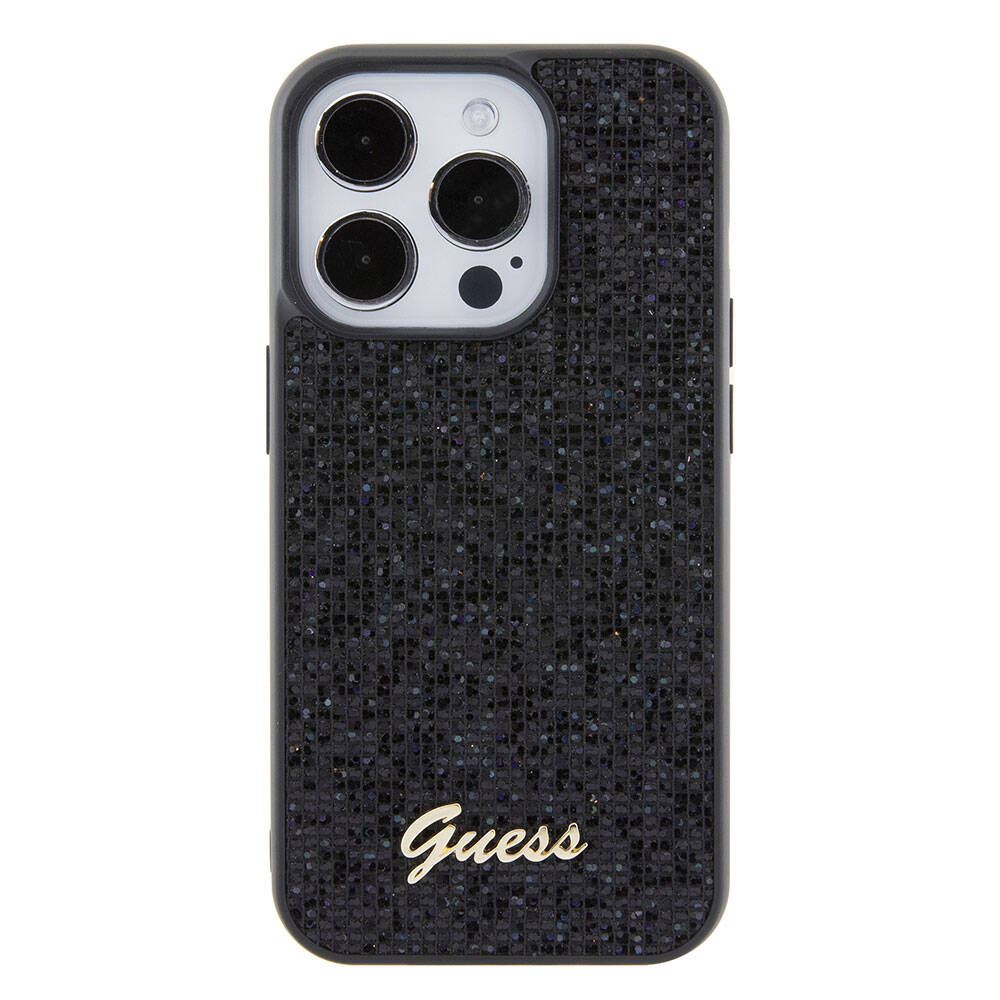 Guess Orijinal Lisanslı iPhone 15 Pro Max MagSafe Uyumlu Kılıf – Yazı Logolu, Disco Script Metal Kapak