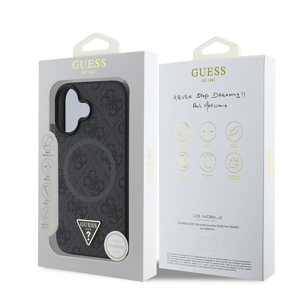 Guess Orijinal Lisanslı iPhone 16 Plus MagSafe Uyumlu Kılıf – Üçgen Logolu, 4G Desenli PU Kapak Siyah