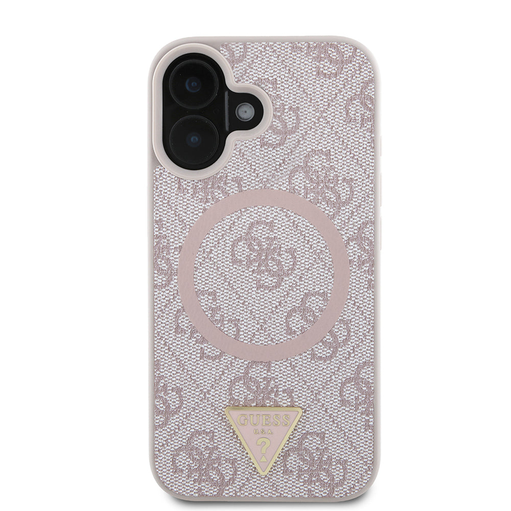 Guess Orijinal Lisanslı iPhone 16 Plus MagSafe Uyumlu Kılıf – Üçgen Logolu, 4G Desenli PU Kapak Pembe