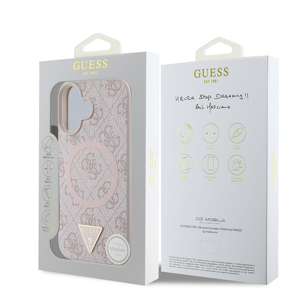 Guess Orijinal Lisanslı iPhone 16 Plus MagSafe Uyumlu Kılıf – Üçgen Logolu, 4G Desenli PU Kapak Pembe