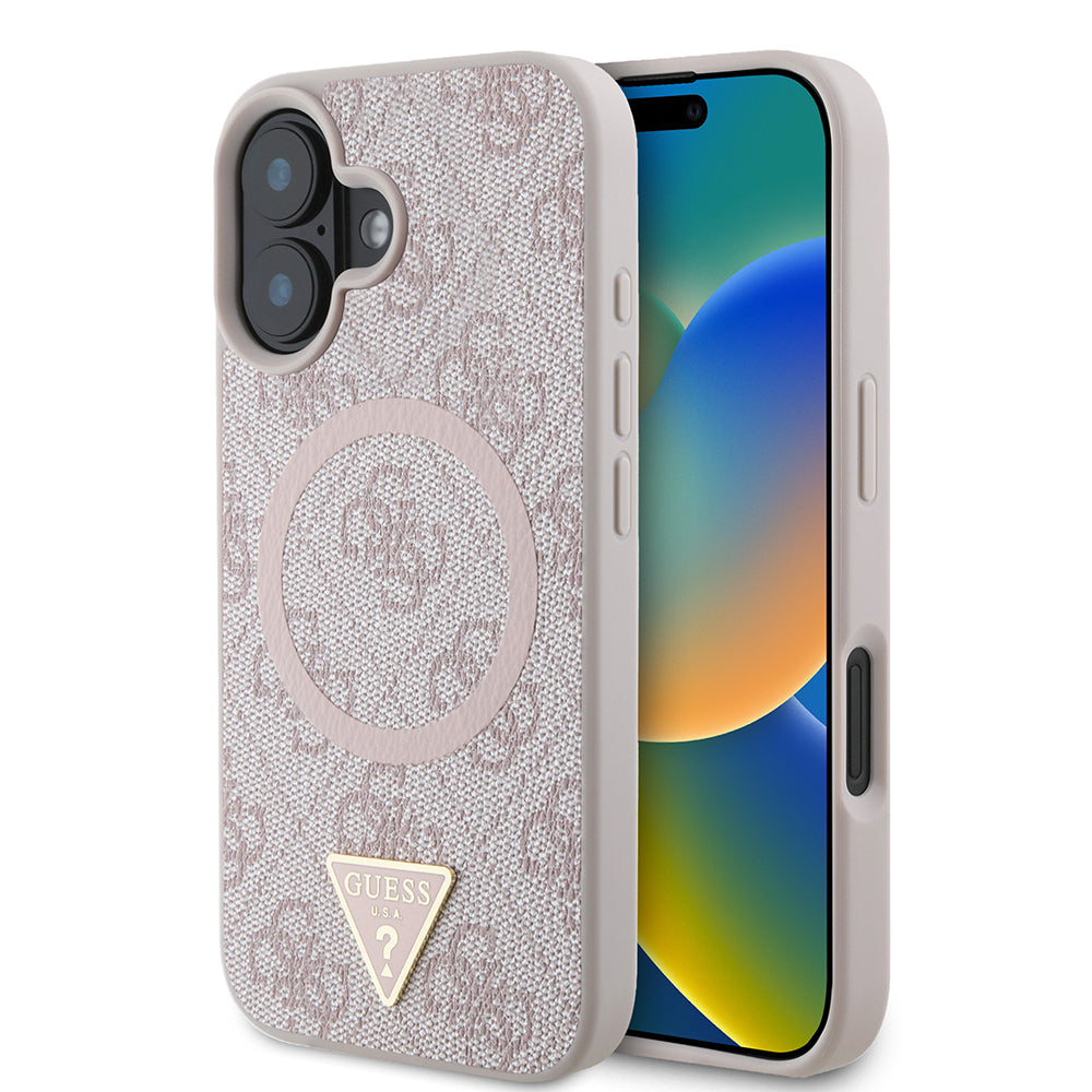 Guess Orijinal Lisanslı iPhone 16 Plus MagSafe Uyumlu Kılıf – Üçgen Logolu, 4G Desenli PU Kapak Pembe