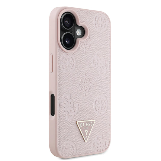 Guess Orijinal Lisanslı iPhone 16 Plus MagSafe Uyumlu Kılıf – Sıcak Baskılı Üçgen Logolu, PU Deri Peony Kapak Pembe