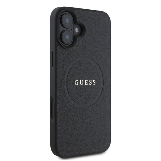Guess Orijinal Lisanslı iPhone 16 Plus MagSafe Uyumlu Kılıf – Yazı Logolu, Grained Kapak Siyah