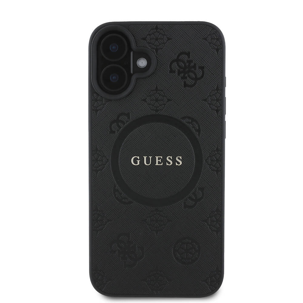 Guess Orijinal Lisanslı iPhone 16 Plus MagSafe Uyumlu Kılıf – Yazı Logolu, Saffiano Peony Kapak, Siyah