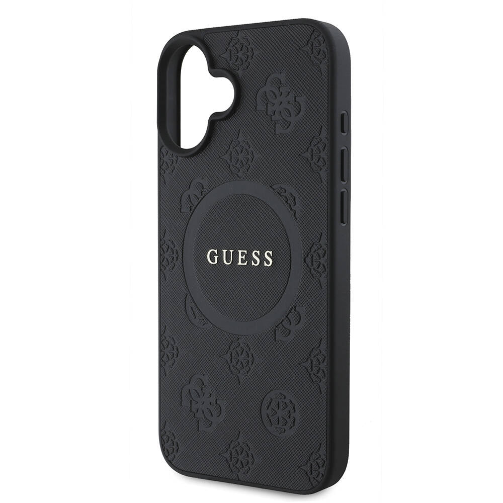 Guess Orijinal Lisanslı iPhone 16 Plus MagSafe Uyumlu Kılıf – Yazı Logolu, Saffiano Peony Kapak, Siyah