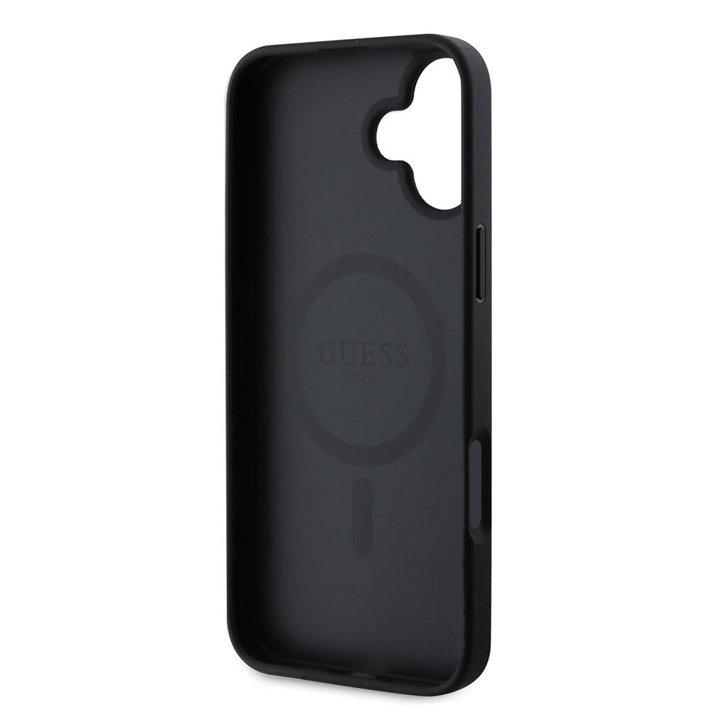 Guess Orijinal Lisanslı iPhone 16 Plus MagSafe Uyumlu Kılıf – Yazı Logolu, Saffiano Peony Kapak, Siyah