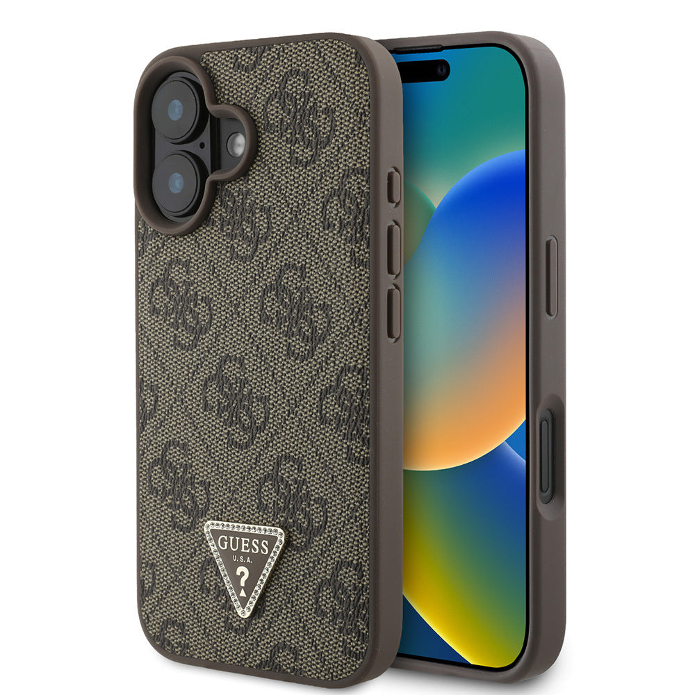 Guess Orijinal Lisanslı iPhone 16 Plus Uyumlu Kılıf – Taşlı Üçgen Logolu, 4G Desenli PU Deri Strass Kapak Kahverengi