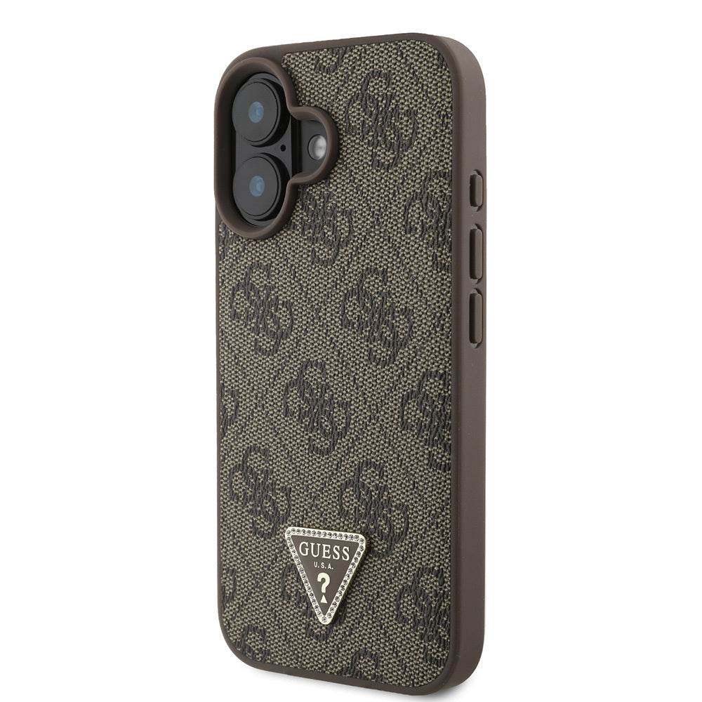 Guess Orijinal Lisanslı iPhone 16 Plus Uyumlu Kılıf – Taşlı Üçgen Logolu, 4G Desenli PU Deri Strass Kapak Kahverengi
