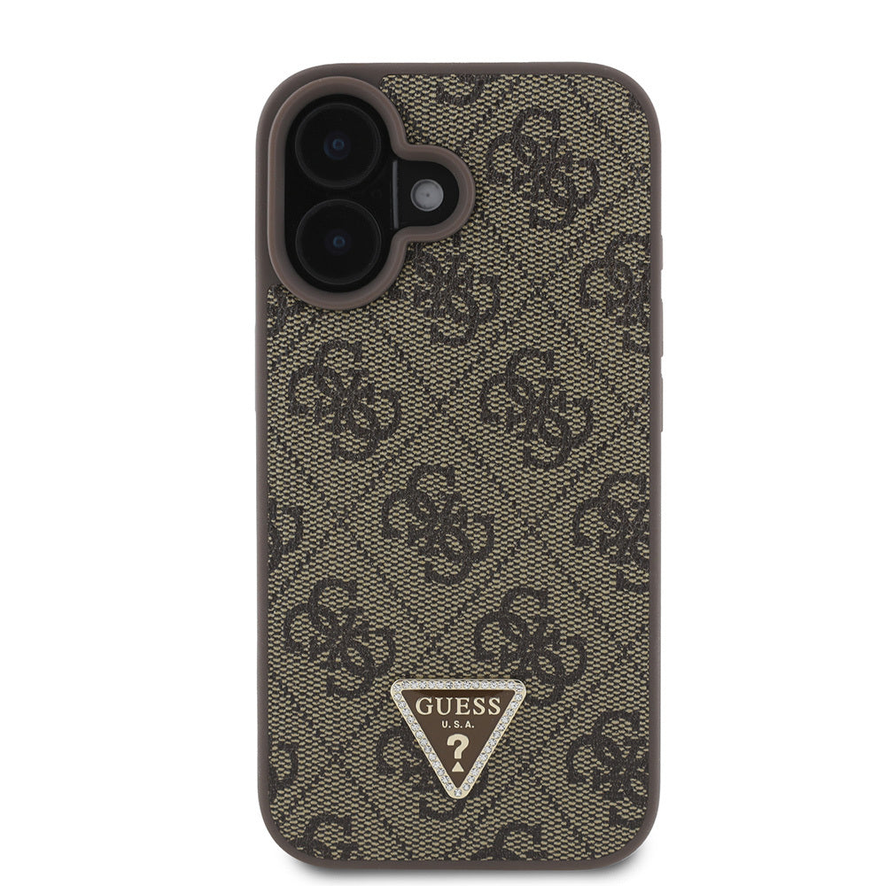 Guess Orijinal Lisanslı iPhone 16 Plus Uyumlu Kılıf – Taşlı Üçgen Logolu, 4G Desenli PU Deri Strass Kapak Kahverengi