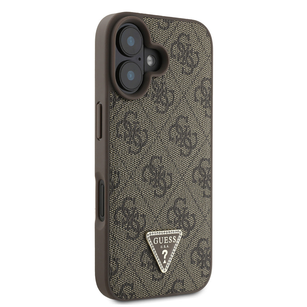 Guess Orijinal Lisanslı iPhone 16 Plus Uyumlu Kılıf – Taşlı Üçgen Logolu, 4G Desenli PU Deri Strass Kapak Kahverengi