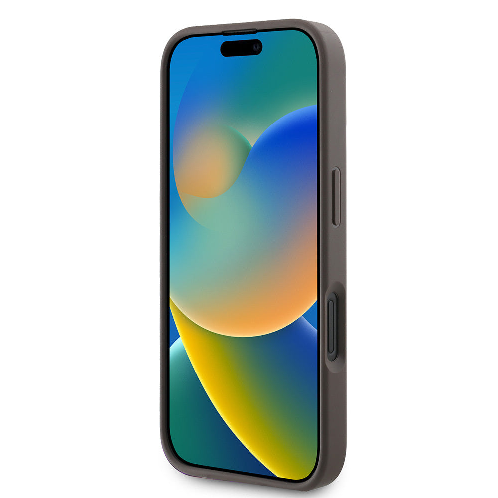 Guess Orijinal Lisanslı iPhone 16 Plus Uyumlu Kılıf – Taşlı Üçgen Logolu, 4G Desenli PU Deri Strass Kapak Kahverengi