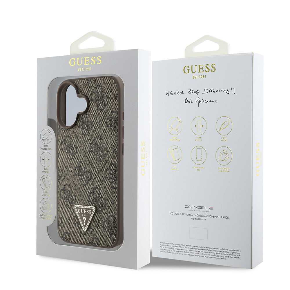Guess Orijinal Lisanslı iPhone 16 Plus Uyumlu Kılıf – Taşlı Üçgen Logolu, 4G Desenli PU Deri Strass Kapak Kahverengi