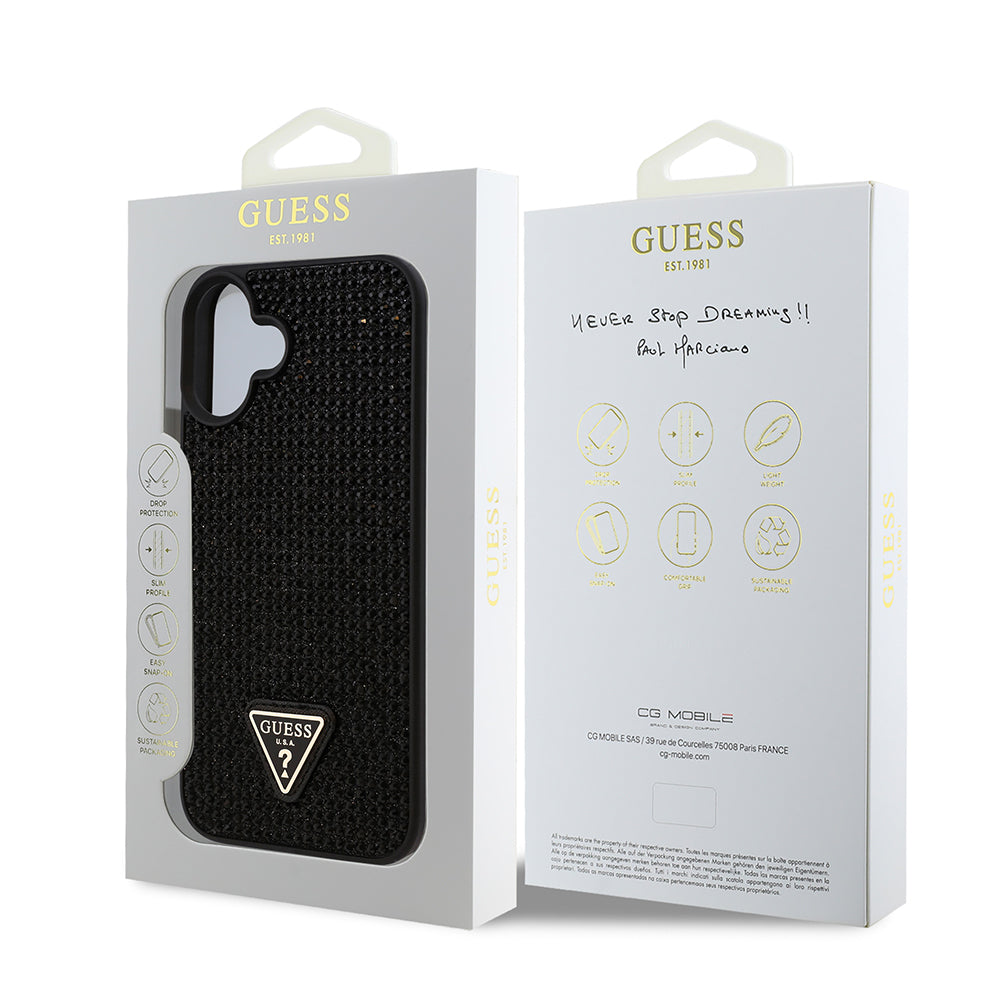 Guess Orijinal Lisanslı iPhone 16 MagSafe Uyumlu Kılıf – Taşlı Arka Yüzey, Üçgen Logolu Kapak Siyah