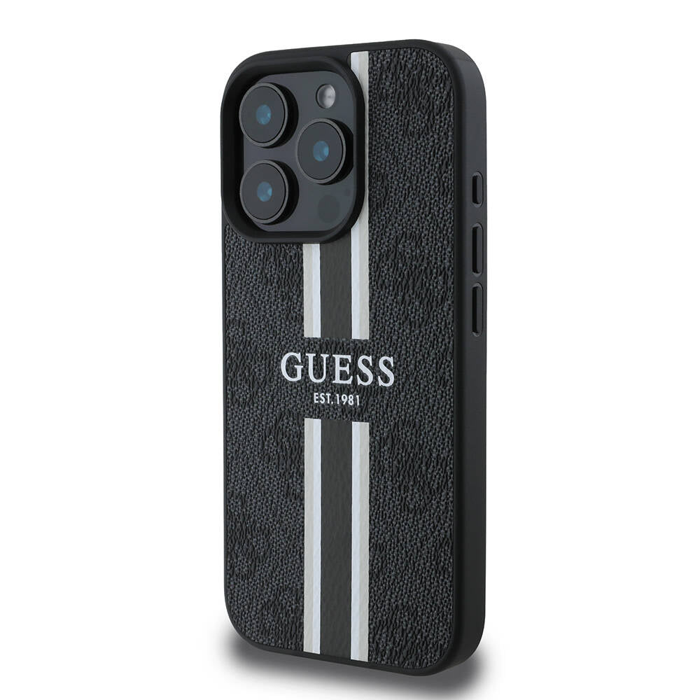 Guess Orijinal Lisanslı iPhone 16 Pro Max MagSafe Uyumlu Kılıf – 4G Şerit Tasarımlı, Printed Kapak Siyah