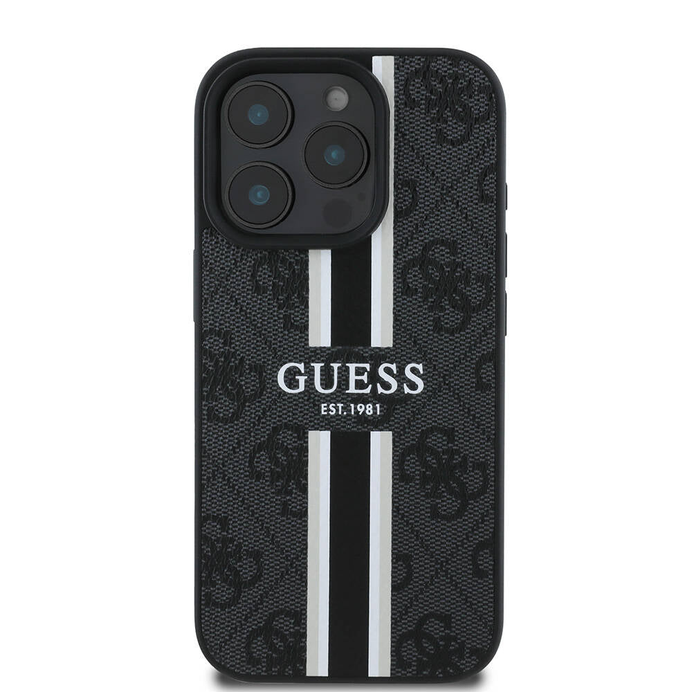 Guess Orijinal Lisanslı iPhone 16 Pro Max MagSafe Uyumlu Kılıf – 4G Şerit Tasarımlı, Printed Kapak Siyah