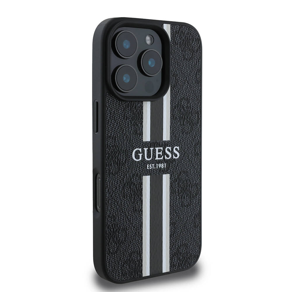 Guess Orijinal Lisanslı iPhone 16 Pro Max MagSafe Uyumlu Kılıf – 4G Şerit Tasarımlı, Printed Kapak Siyah